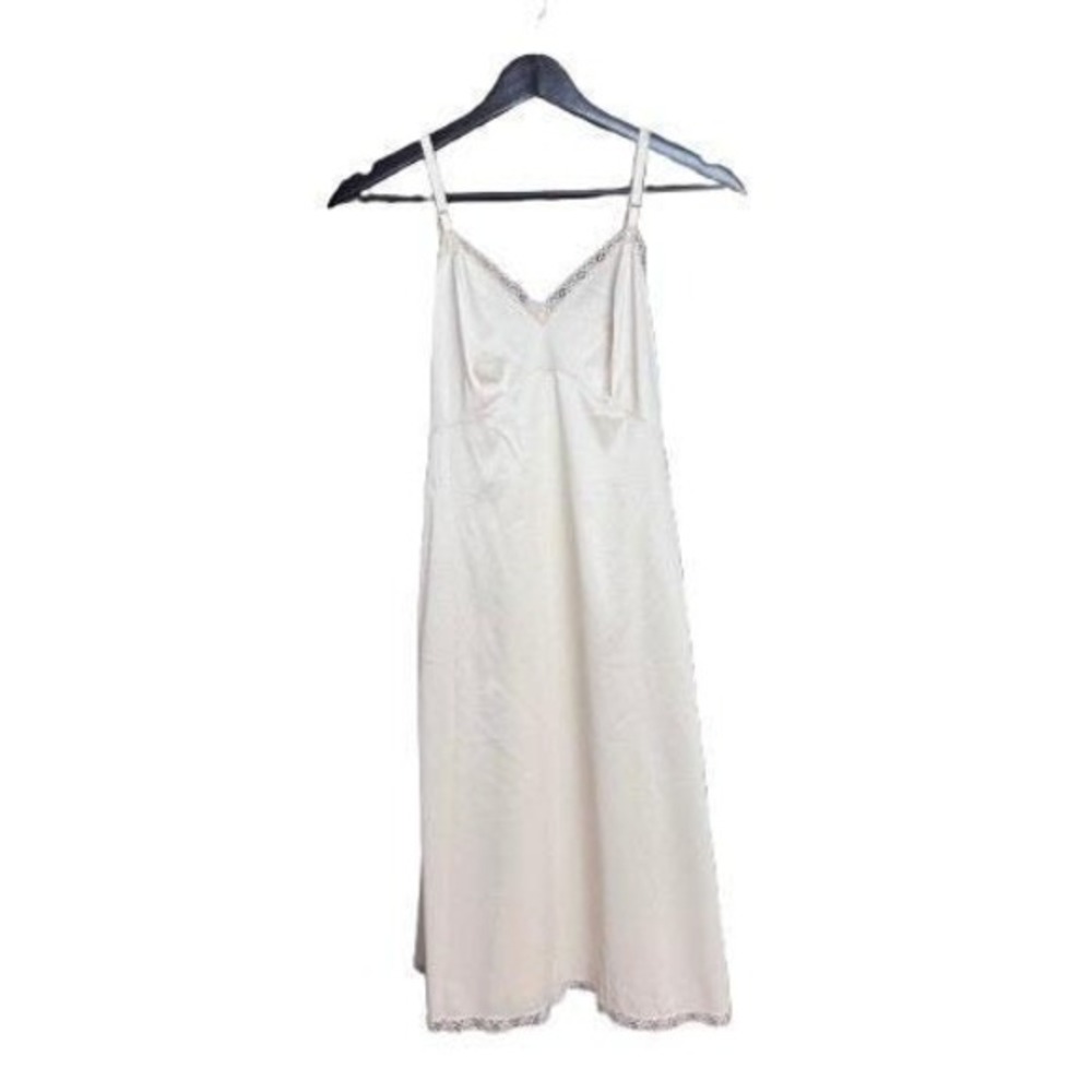 Vintage 70's XS Cream Long Slip Dress Lace Trim - Baby doll grunge Courtney Love